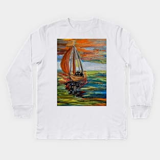 A father and his two sons out for a evening sailing at sunset . Kids Long Sleeve T-Shirt